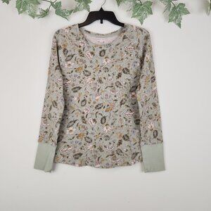 Knox Rose Women's Size L Long Sleeve Green Floral Print Cotton Blend Knit Top